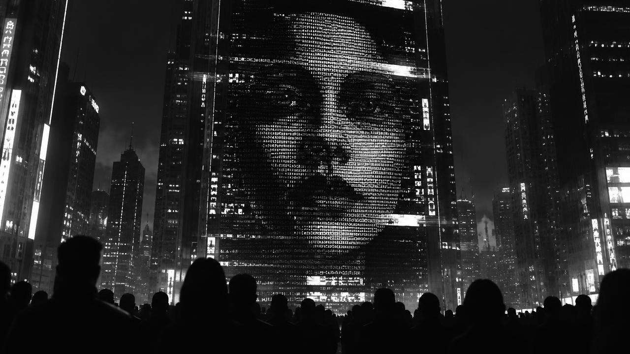 Video still: a giant AI face over a crowd